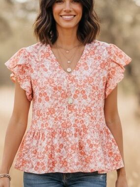 Bobeau Coral Floral Peplum V-Neck Ruffle Sleeve Top